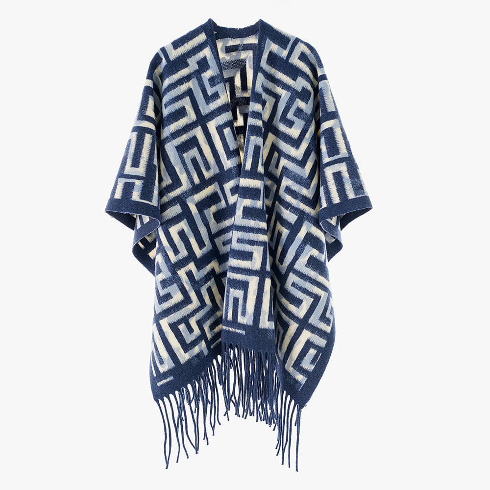 Damen Geometrischer Jacquard-Poncho im Cape‑Stil mit Fransensaum Drune