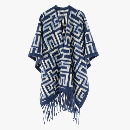 Damen Geometrischer Jacquard-Poncho im Cape‑Stil mit Fransensaum Drune