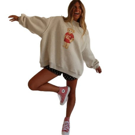 Damen nan weit geschnittener Sweatpullover mit Teddybär-Print und Stehkragen Drune