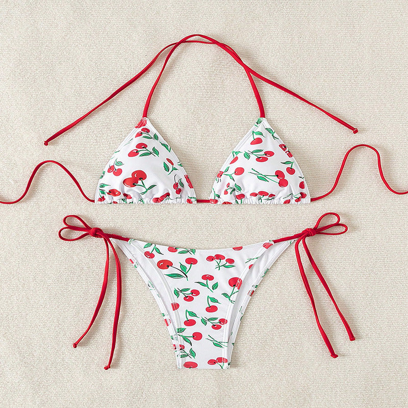 Damen Triangel-Bikini mit frischem Kirschmotiv und verstellbaren Bindebändern Drune