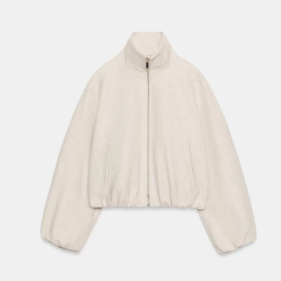 Damen Cropped‑Fleece‑Bomberjacke mit Stehkragen, balligen Ärmeln und elastischem Saum Drune