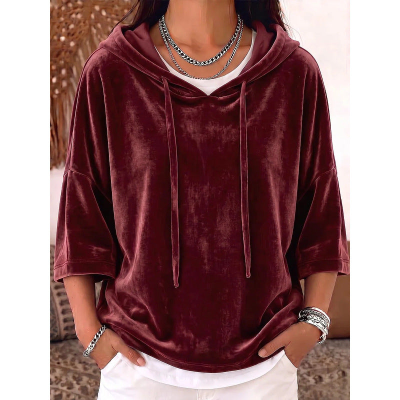 Damen Oversize Samt-Halbarm-Hoodie mit Kordelzug und Taschen Drune