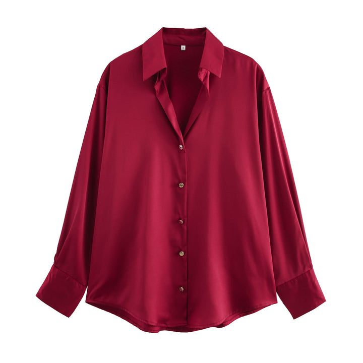 Damen nan oversized Satinbluse mit Hemdkragen, verlängerten Manschetten und abgerundetem Saum Drune