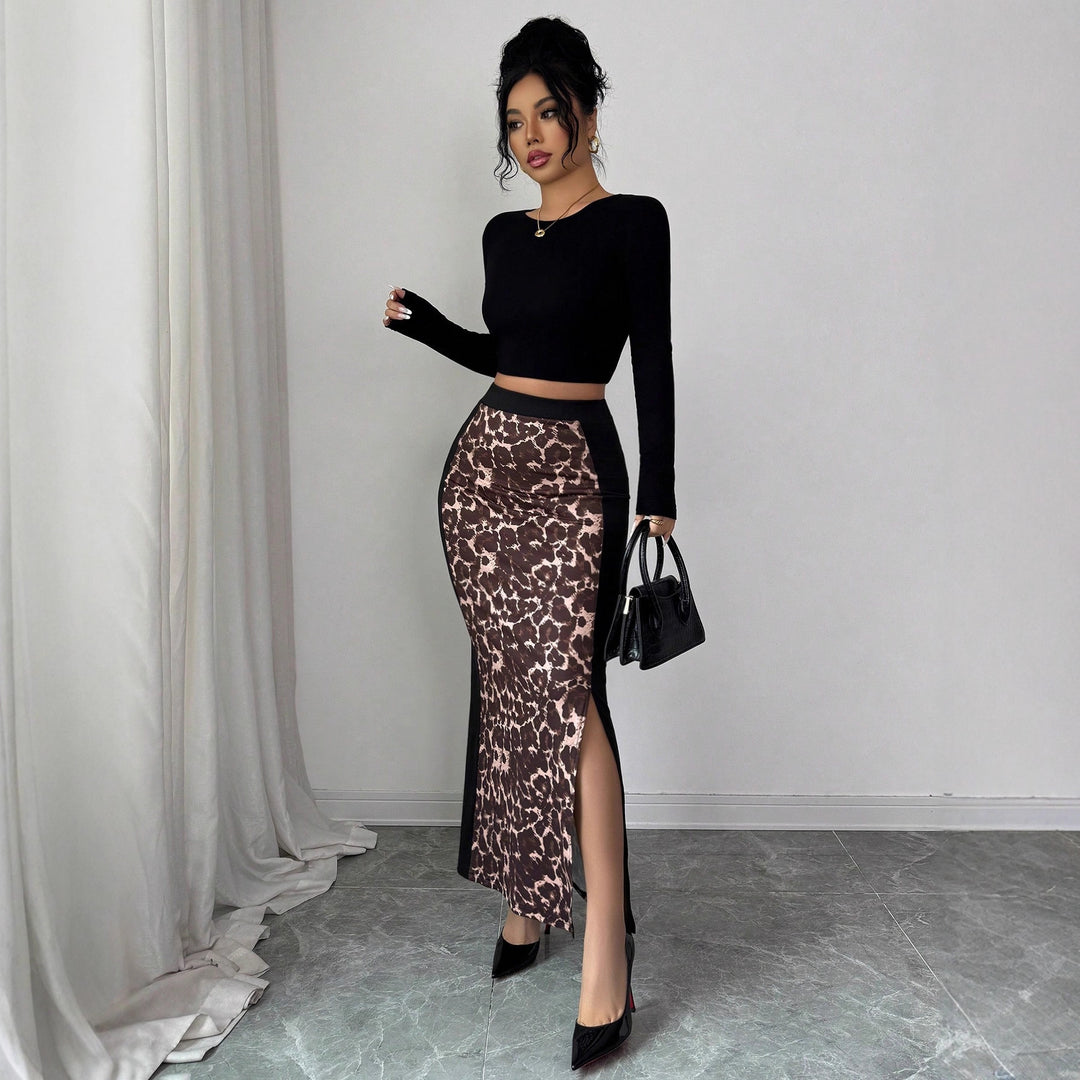Damen nan taillierter Bleistiftmidirock mit Animal-Print-Mittelbahn und seitlichem Oberschenkel-Schlitz Drune