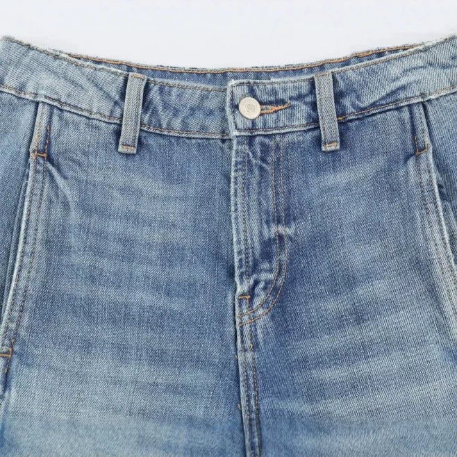 Damen Jeans‑Cargo‑Hose mit weitem Bein, Ziernähten und aufgesetzten Klappentaschen Drune