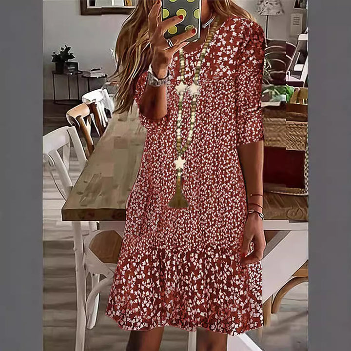 Damen Casual Midi Kleid mit Rüschensaum, Dreiviertelarm und Blumendruck Drune