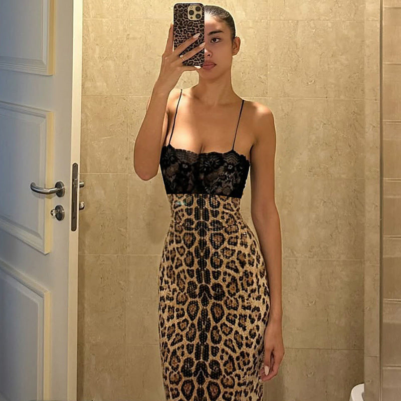 Damen Elegantes und verführerisches Leopardenspitzenkleid Drune