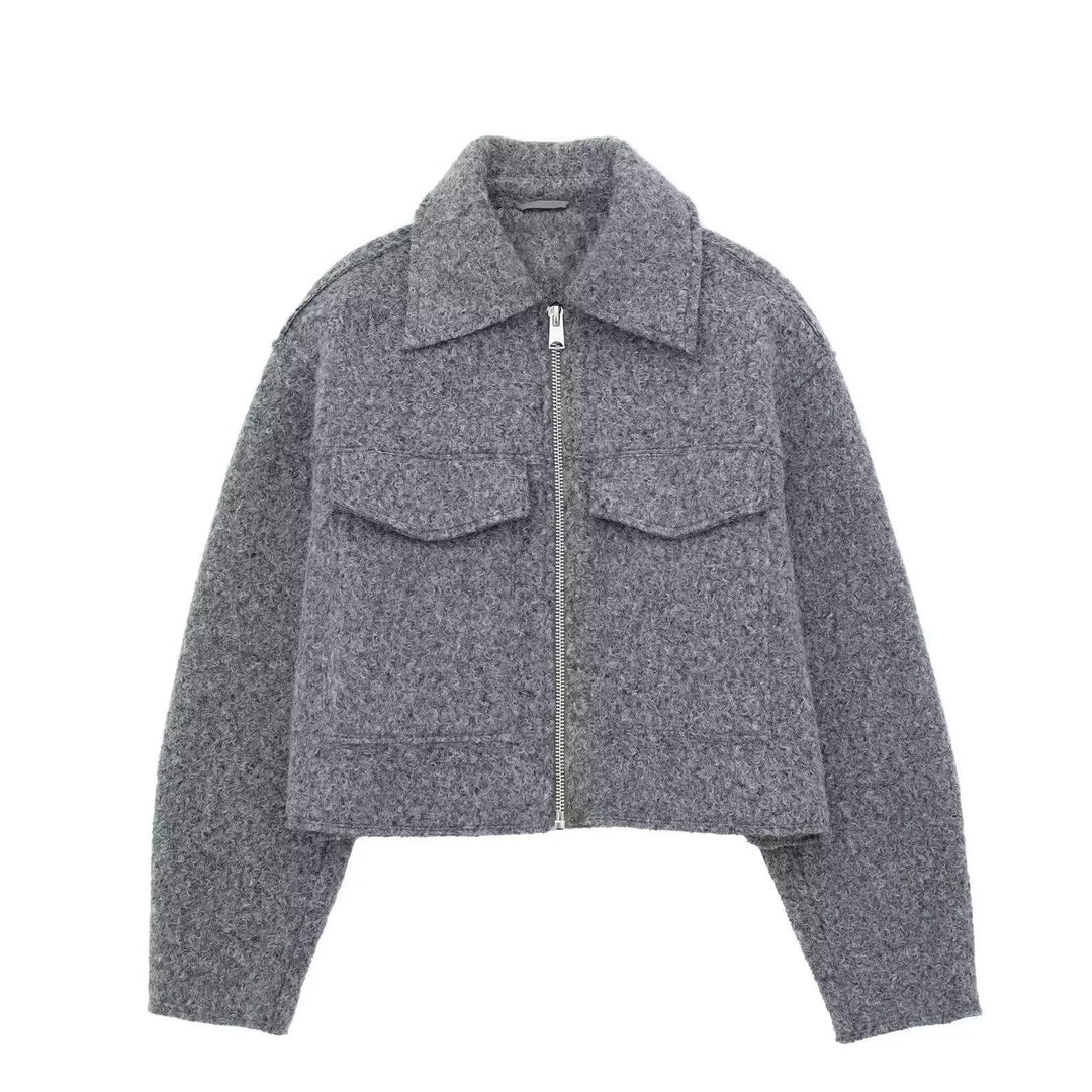 Damen Kurz geschnittene Teddyjacke mit Reißverschluss, Kragen und aufgesetzten Klappentaschen Drune