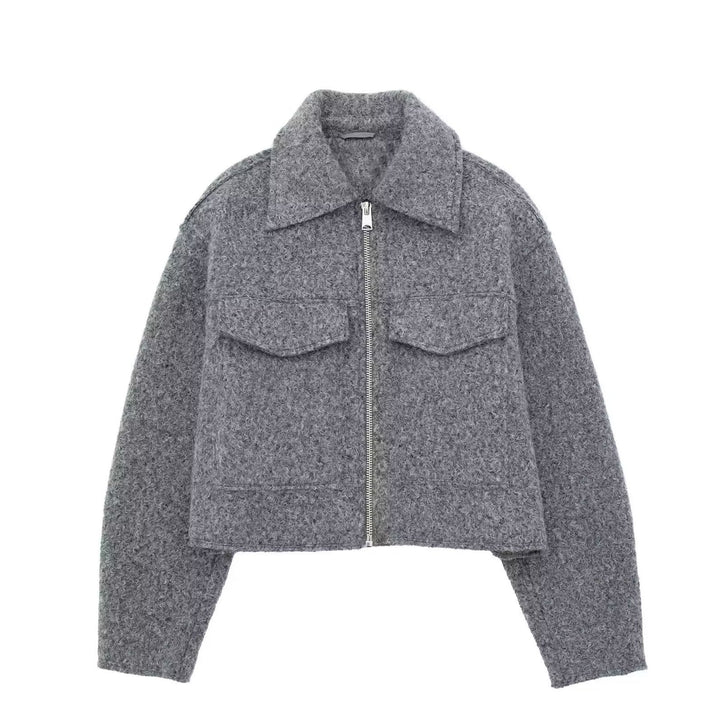 Damen Kurz geschnittene Teddyjacke mit Reißverschluss, Kragen und aufgesetzten Klappentaschen Drune
