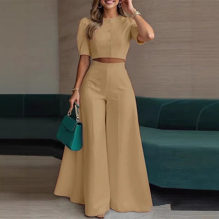 Damen elegantes kurzes Oberteil mit Puffärmeln und hochgeschnittenen Palazzo-Hosen Drune