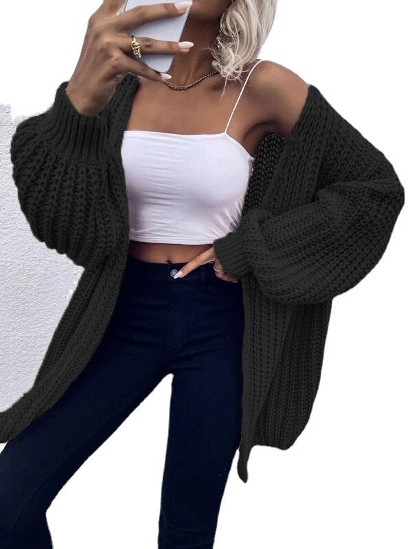Damen Grobstrick-Cardigan mit voluminösen Ärmeln und offener Vorderseite Drune