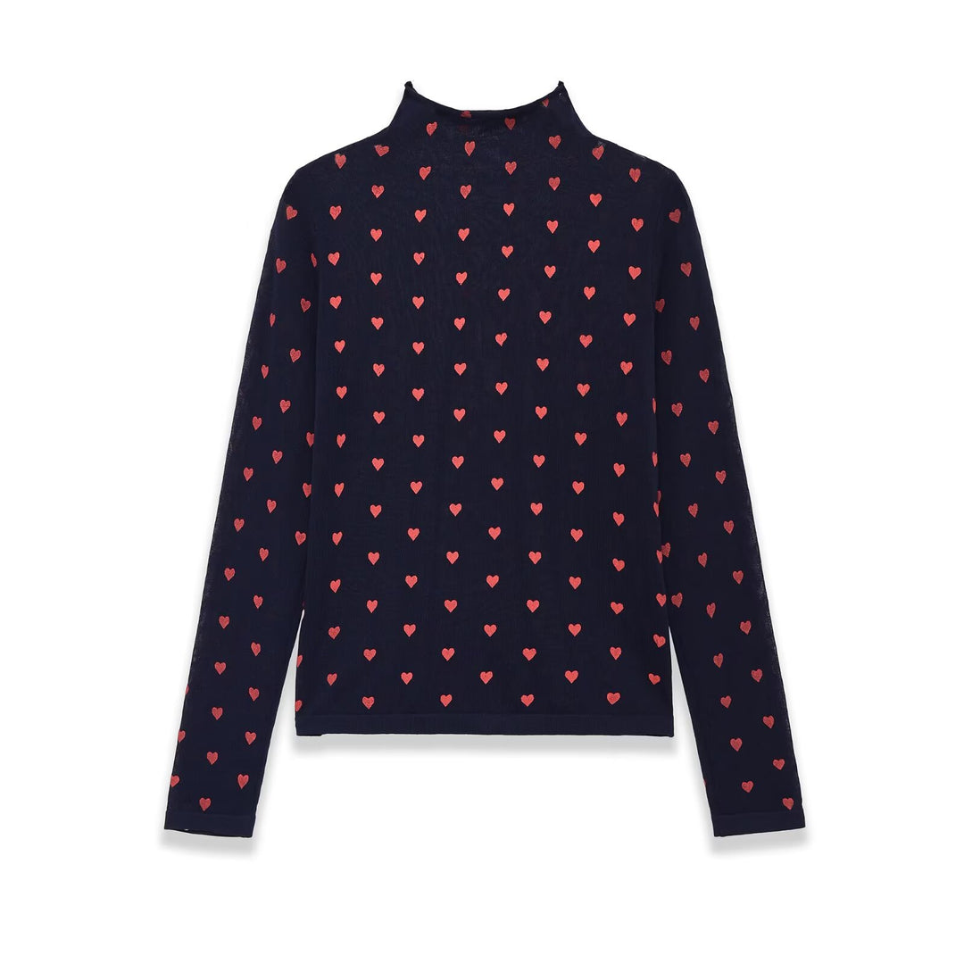 Damen Langarm-Feinstrickshirt mit Stehkragen und Allover-Herzjacquard Drune