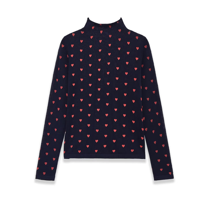 Damen Langarm-Feinstrickshirt mit Stehkragen und Allover-Herzjacquard Drune