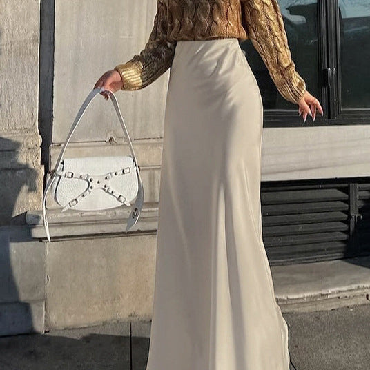Damen eleganter Maxirock aus fließendem Material mit hohem Taillenschnitt Drune