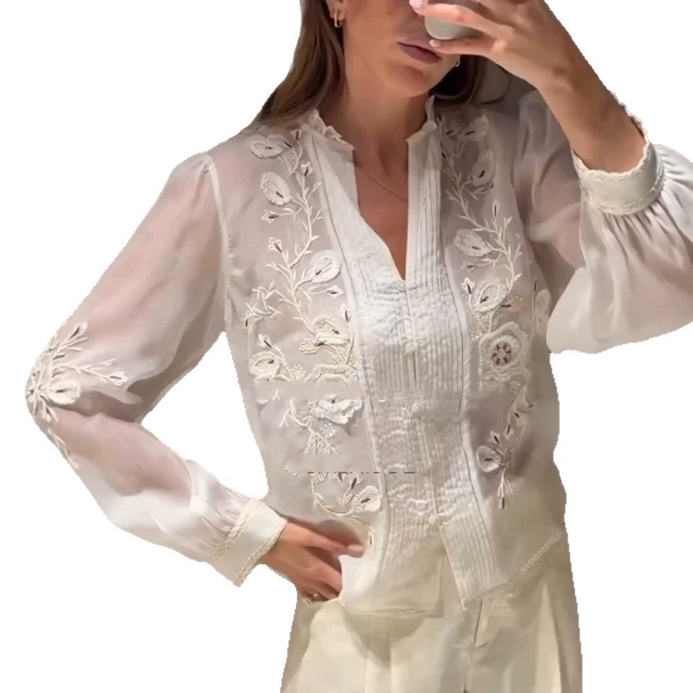 Damen Transparente bestickte Chiffonbluse mit Pintucks, V‑Ausschnitt und Ballonärmeln Drune