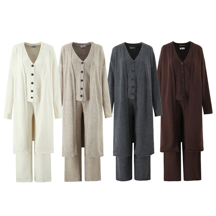 Damen elegantes Strickset mit langem Cardigan, Knopfleiste und weit geschnittenen Hosen Drune