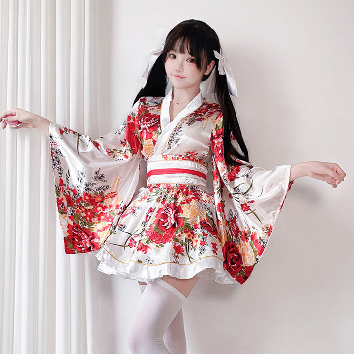 Damen traditionelles Kimono-Kleid mit fließendenÄrmeln und floralem Muster Drune