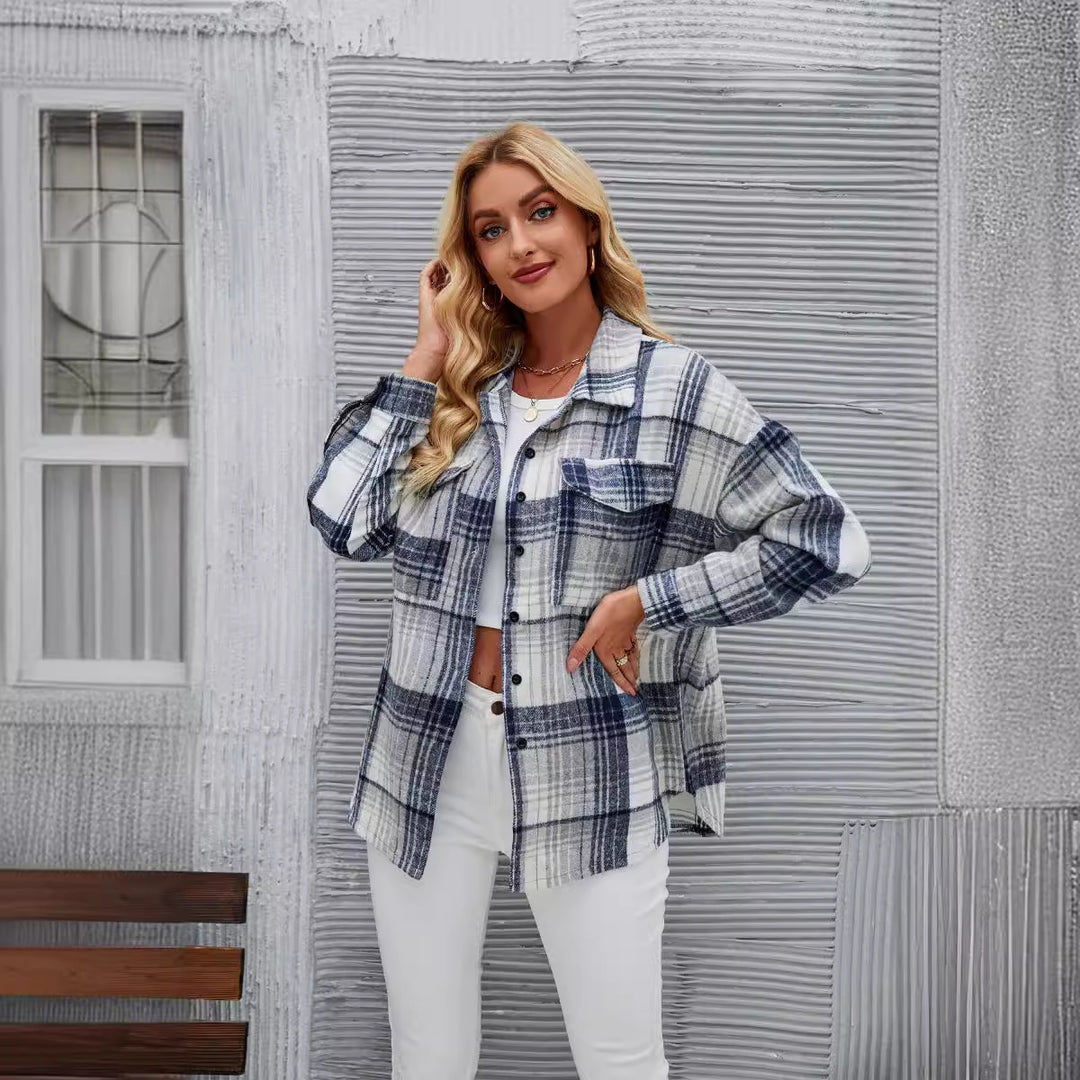 Damen lässige Flanellhemdjacke mit karriertem Design und praktischen Brusttaschen Drune