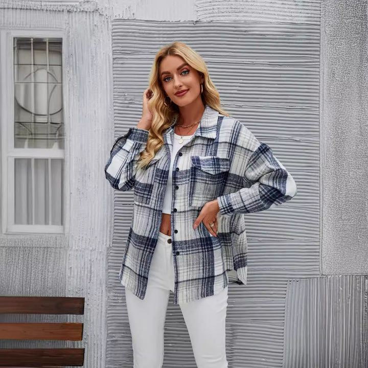 Damen lässige Flanellhemdjacke mit karriertem Design und praktischen Brusttaschen Drune