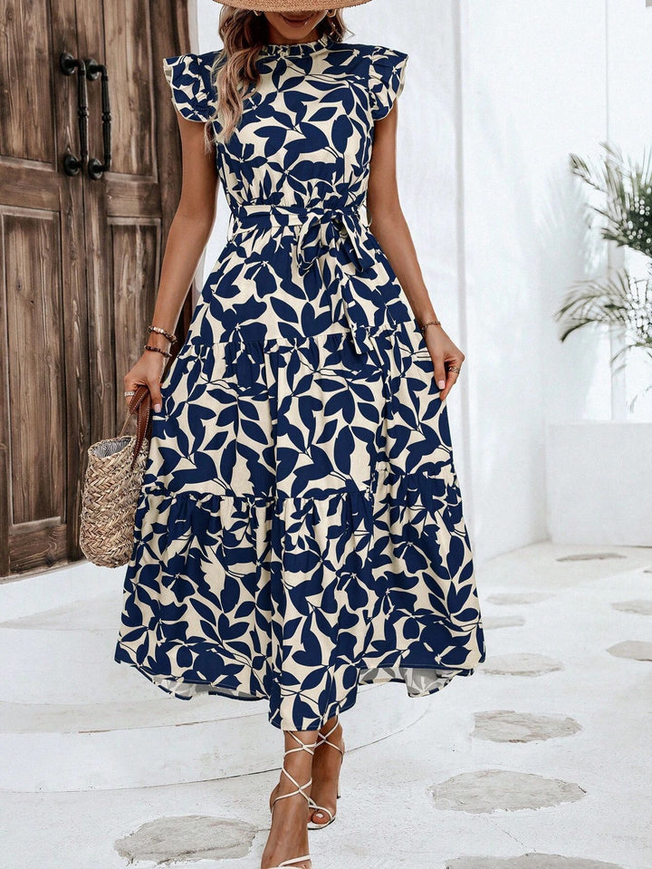 Damen Midikleid mit Stufenrock, geraffter Taillenbindung und Rüschenärmeln Drune