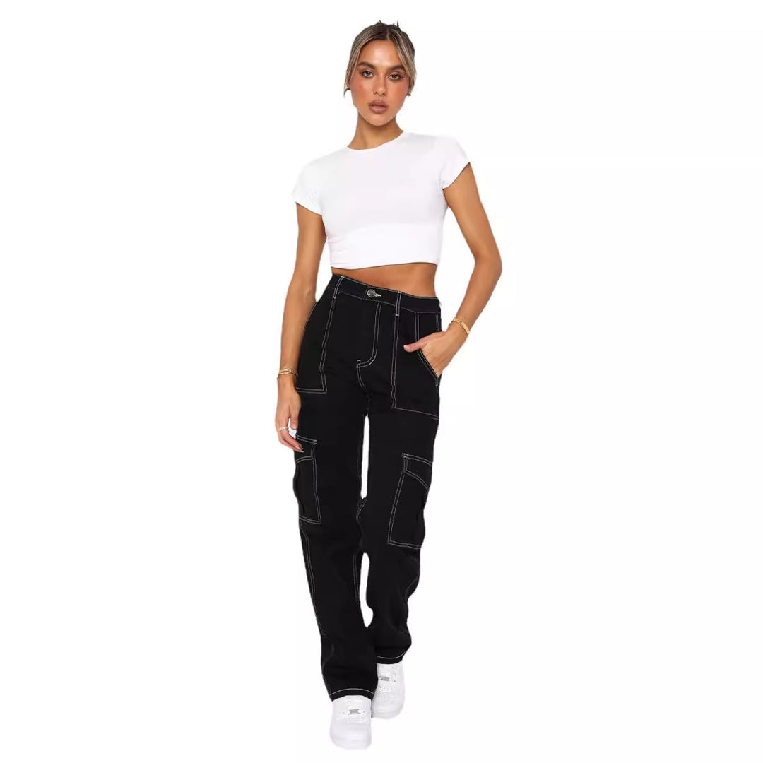 Damen lässige Cargo-Jeans mit tiefen Taschen und weitem Bein Drune