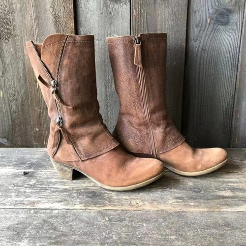 Damen Mid-Cut Stiefel aus vintage Leder mit seitlichem Reißverschluss und niedrigem Blockabsatz Drune