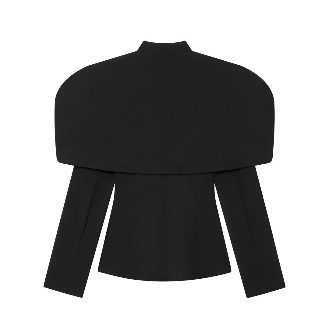 Damen 100+ eleganter taillierter Blazer mit Cape‑Schulter und goldenen Zierknöpfen Drune