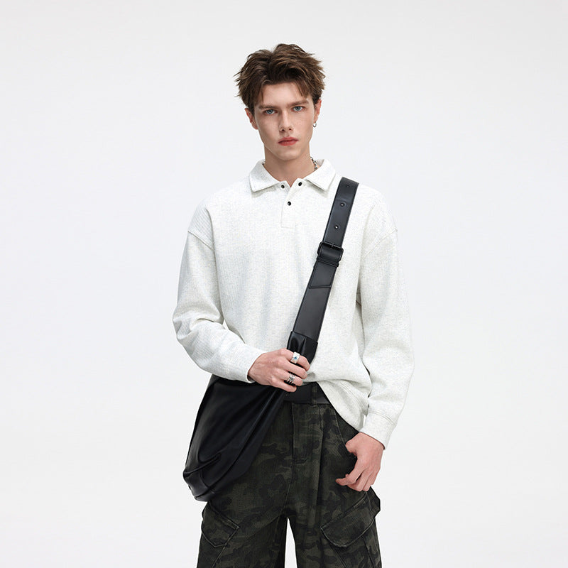 Herren Oversize Waffelstruktur-Polopullover mit halber Knopfleiste und gerippten Bündchen Drune