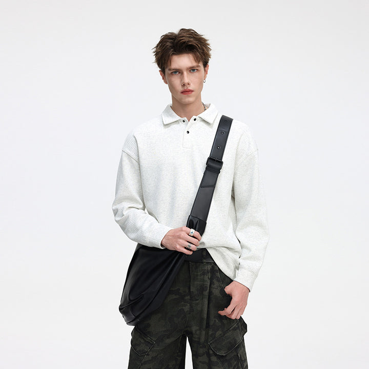 Herren Oversize Waffelstruktur-Polopullover mit halber Knopfleiste und gerippten Bündchen Drune