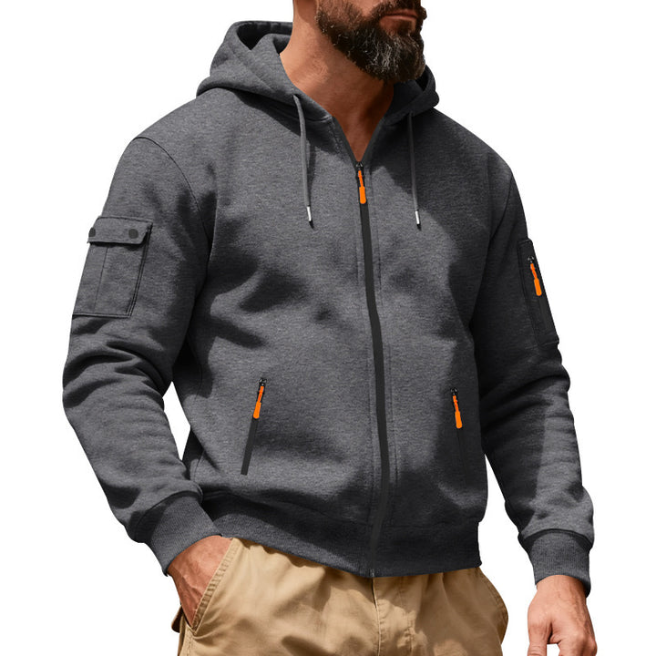 Herren nan Utility-Kapuzenjacke mit durchgehendem Reißverschluss, Arm-Cargo-Taschen und elastischen Bündchen Drune