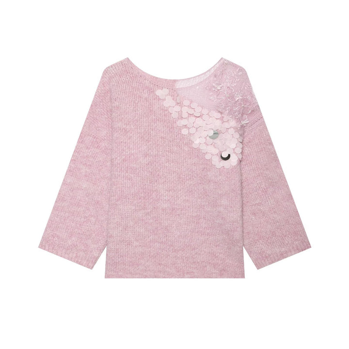 Damen Grobstrick-Pullover mit Rundhalsausschnitt, 3/4-Ärmeln und Pailletten‑Spitzenapplikation Drune