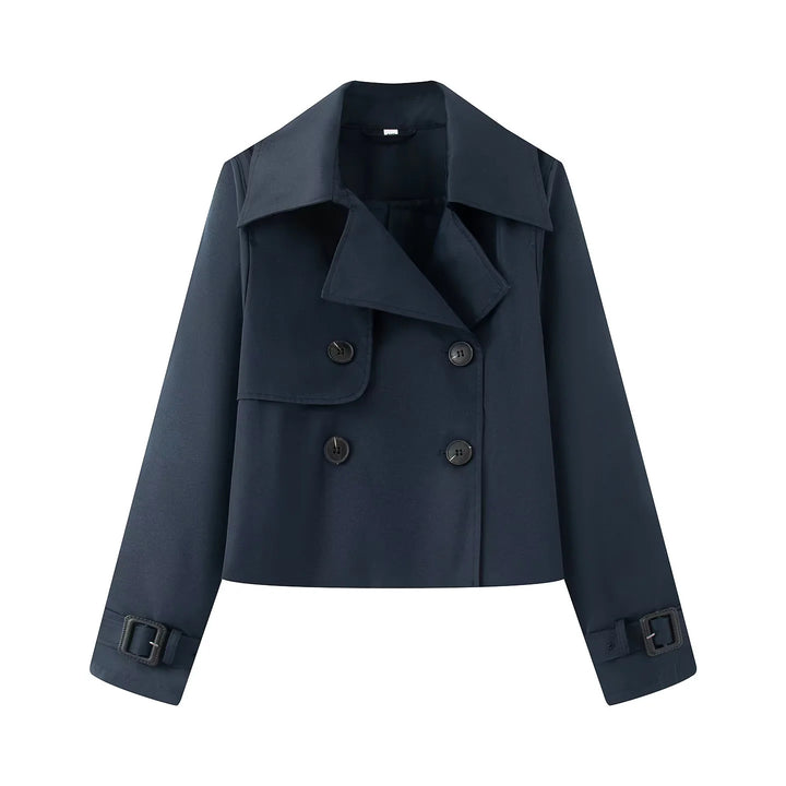 Damen nan kurz geschnittener Cropped Trenchcoat mit doppelreihiger Knopfleiste und verstellbaren Ärmelriemen Drune