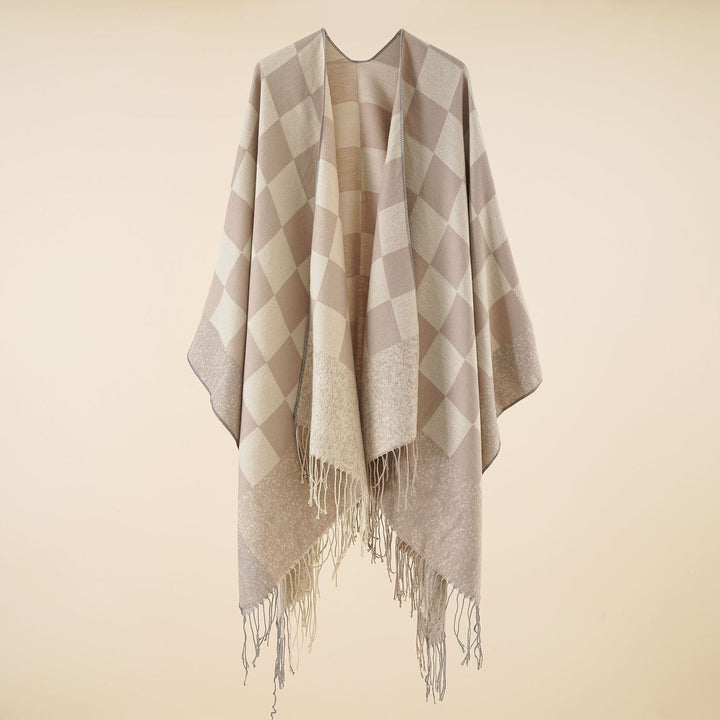 Damen Oversize-Poncho mit Karomuster und Fransen Drune