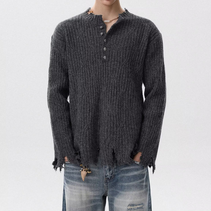 Herren Lässiger Grobstrickpullover mit Knopfleiste und rissigem Saum Drune