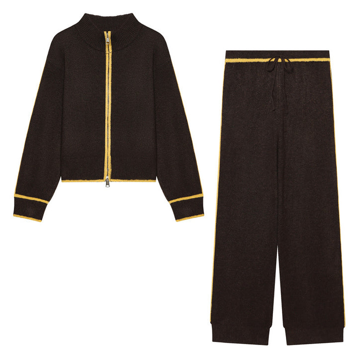 Damen Zweiteiliges Strick-Loungewear-Set mit kurzem Reißverschluss-Cardigan und hoher Bund-Palazzo-Hose Drune