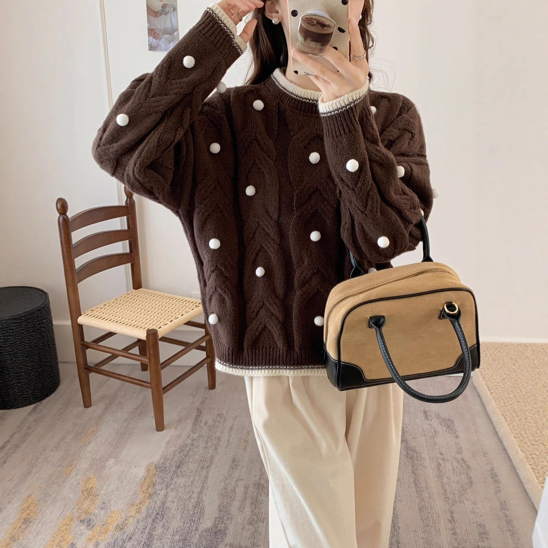 Damen Grob gestrickter Oversize Pullover mit lässigem Zopfmuster und verspielten Applikationen Drune