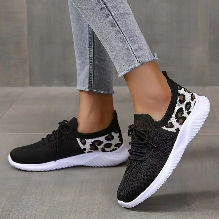 Damen Atmungsaktive Strick-Slipper mit gepolsterter Dämpfungssohle und Leoparden-Schaft Drune