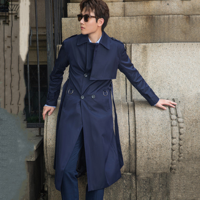 Herren langer doppelreihiger Trenchcoat mit Sturmklappe und D-Ring-Details Drune