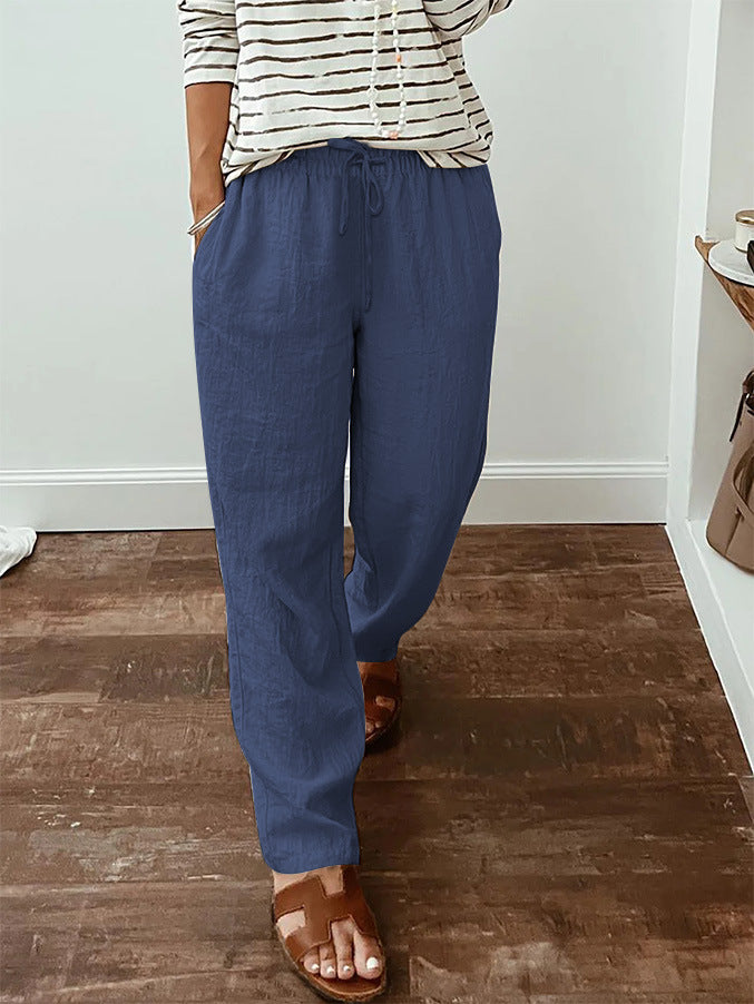Leichte Damen-Leinenoptik-Hose mit elastischem Kordelzug, Fronttaschen und weitem Bein Drune