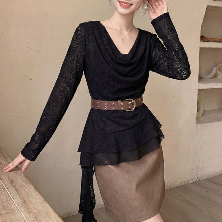 Damen nan drapiertes Spitzen-Top mit asymmetrischem Zipfelsaum und Taillengürtel Drune