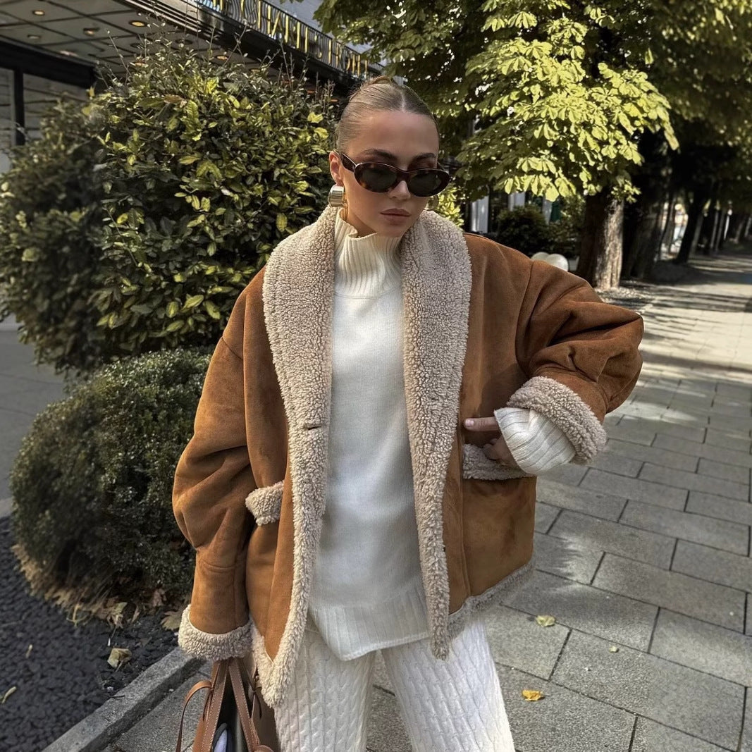 Damen kuschelige Blazerjacke im Teddy-Look mit praktischem Taschen Drune