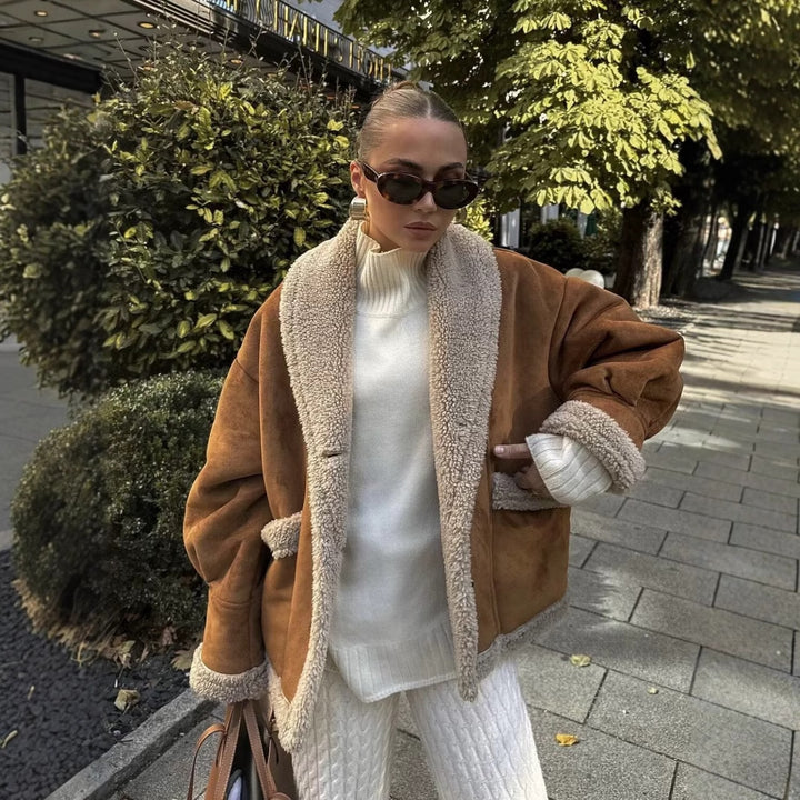 Damen kuschelige Blazerjacke im Teddy-Look mit praktischem Taschen Drune