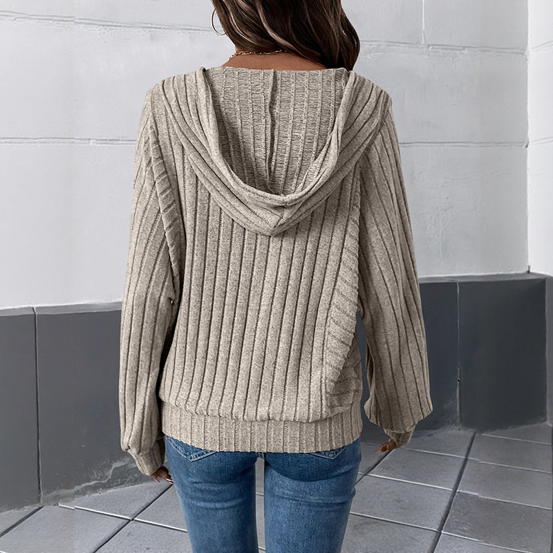 Damen Gerippter Kapuzenpullover mit V‑Ausschnitt, Knopfleiste und Oversize-Ärmeln Drune