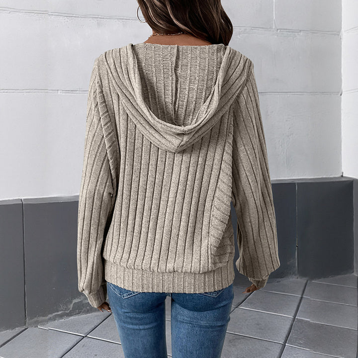 Damen Gerippter Kapuzenpullover mit V‑Ausschnitt, Knopfleiste und Oversize-Ärmeln Drune
