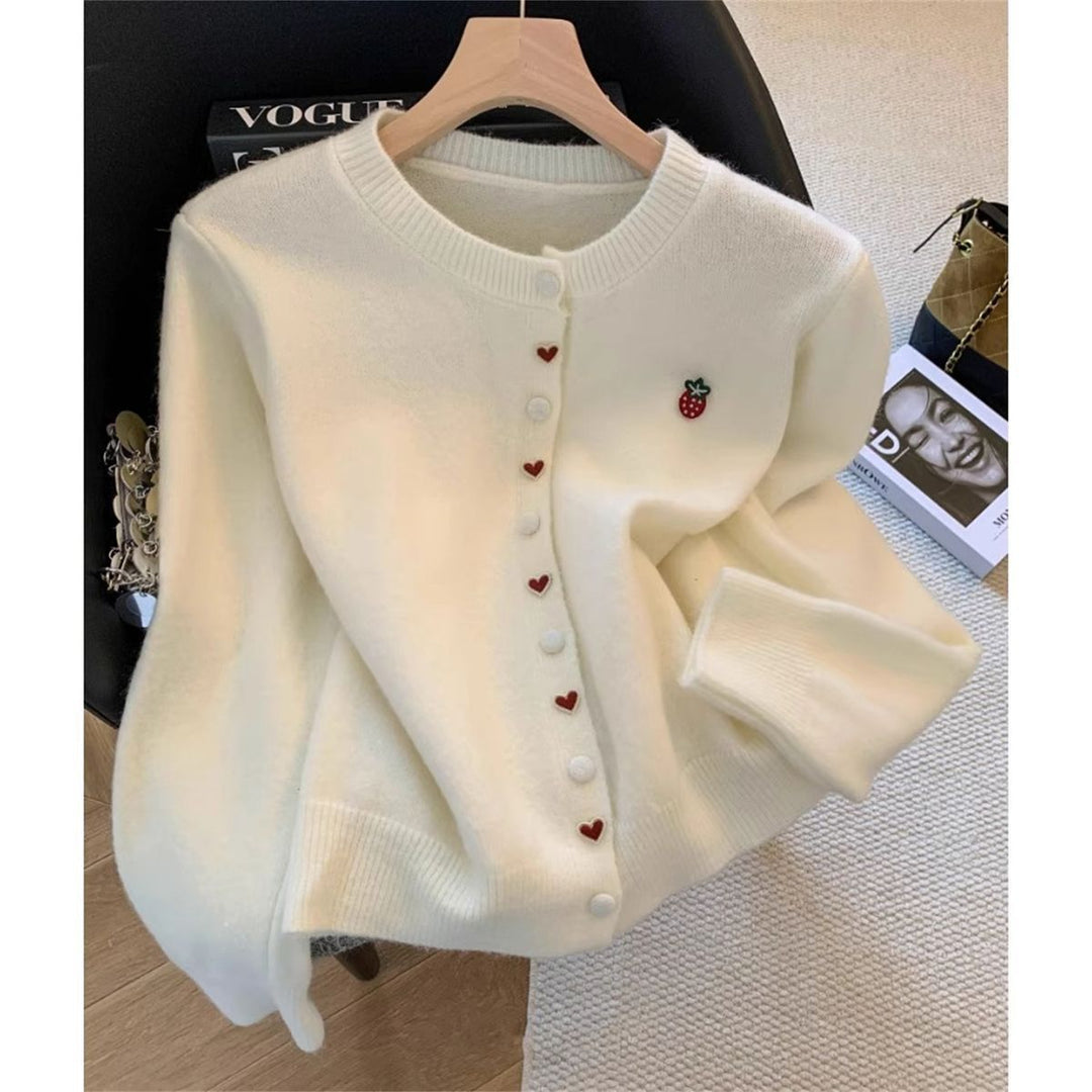 Damen kuschelige Strickjacke mit Herz- und Erdbeerenapplikationen Drune