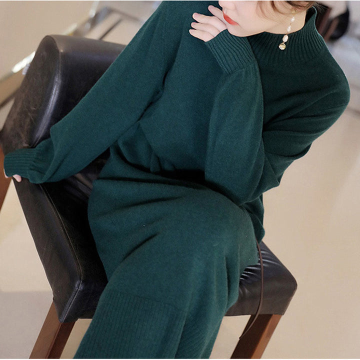 Damen Elegantes Strickmaxikleid mit hochgeschlossenem Kragen und dekorativen Knöpfen Drune