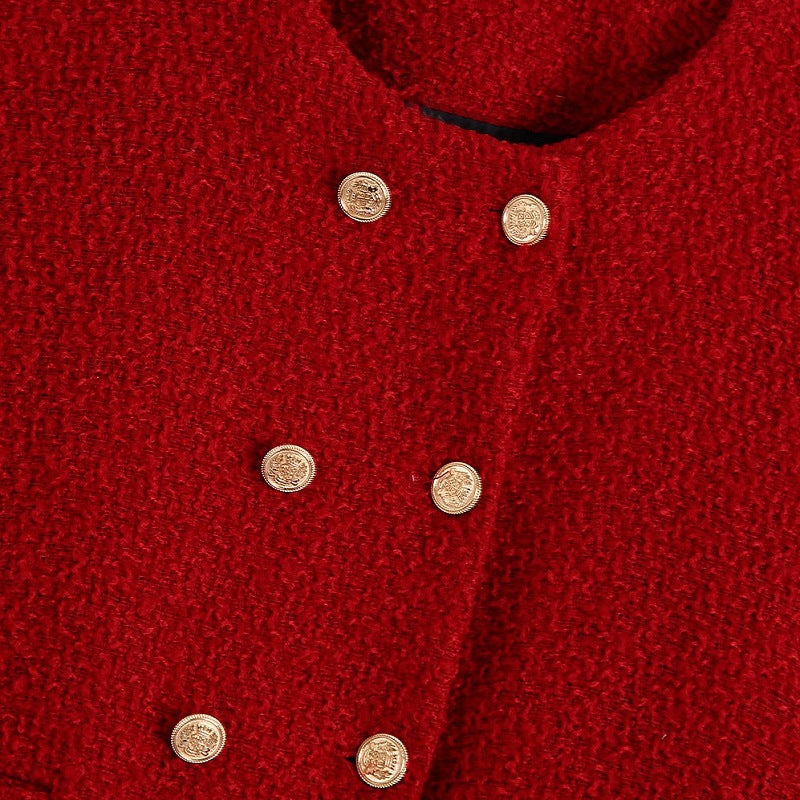 Damen Kurzjacke aus Bouclé‑Tweed im kurzen Schnitt mit rundem Halsausschnitt und goldenen Zierknöpfen Drune
