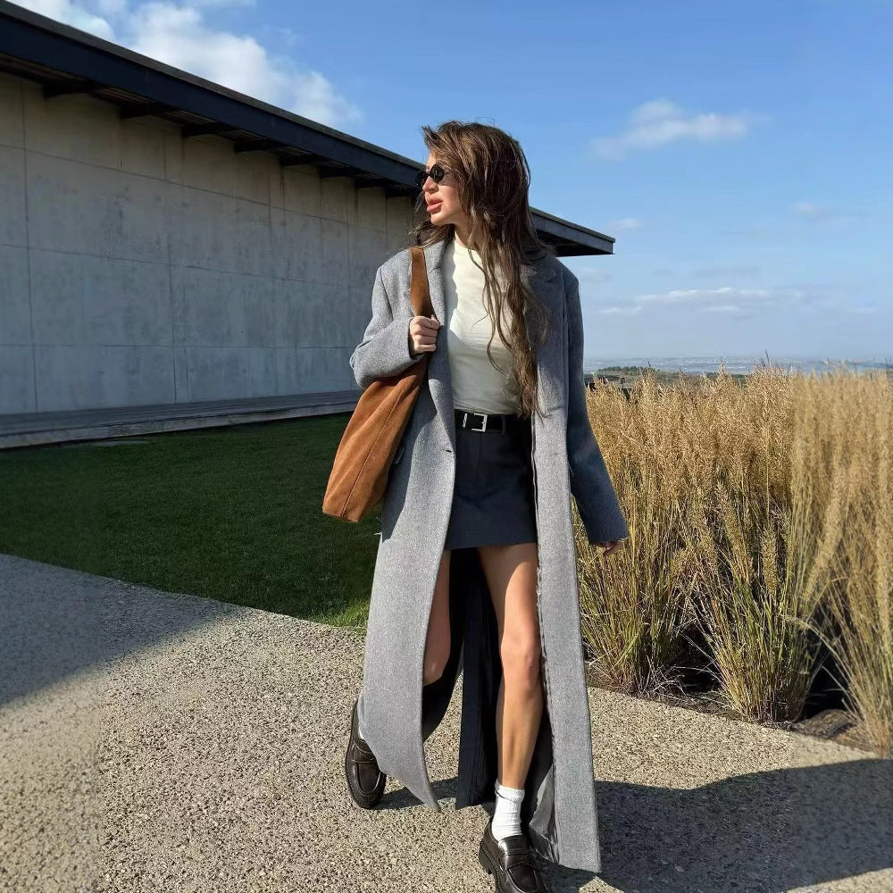 Damen Longline-Wollmantel mit Oversize-Schnitt, Reverskragen und seitlichen Schlitzen Drune