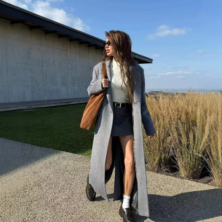 Damen Longline-Wollmantel mit Oversize-Schnitt, Reverskragen und seitlichen Schlitzen Drune