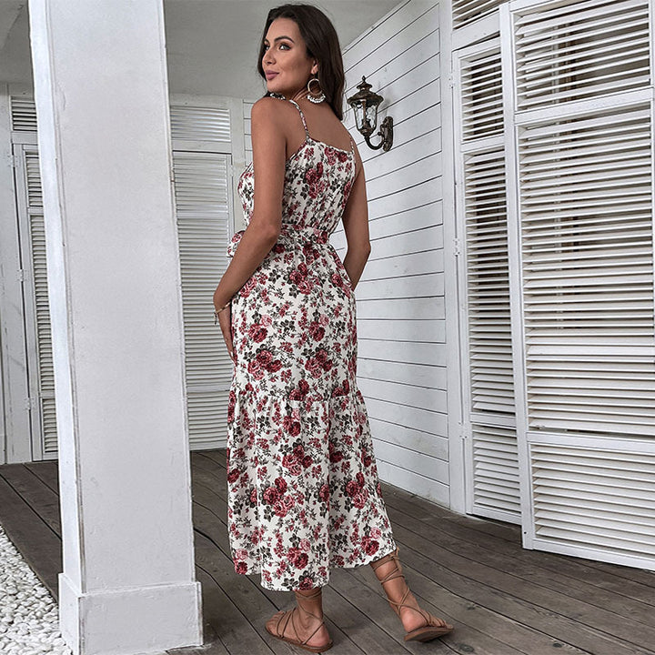 Damen Maxikleid mit floralen Mustern und dekorativem Gürtel Drune